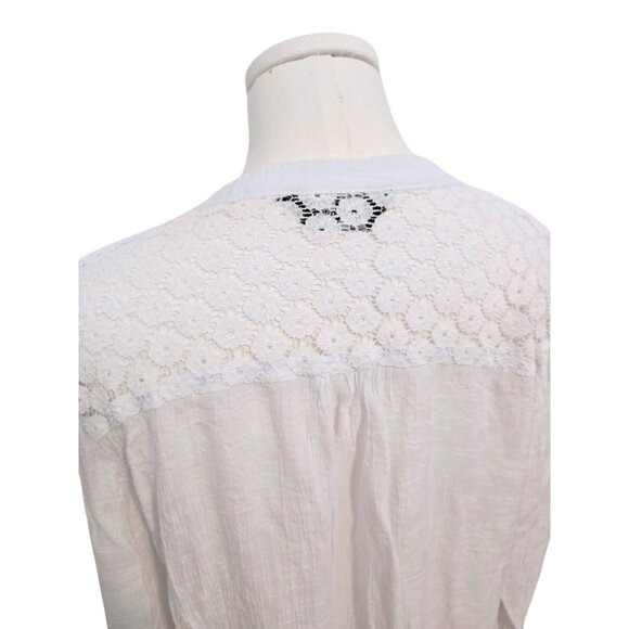 White Linen Style Top Long Sleeve Sheer V Neck Floral Lace Tunic Boho Sz XL - Picture 3 of 9